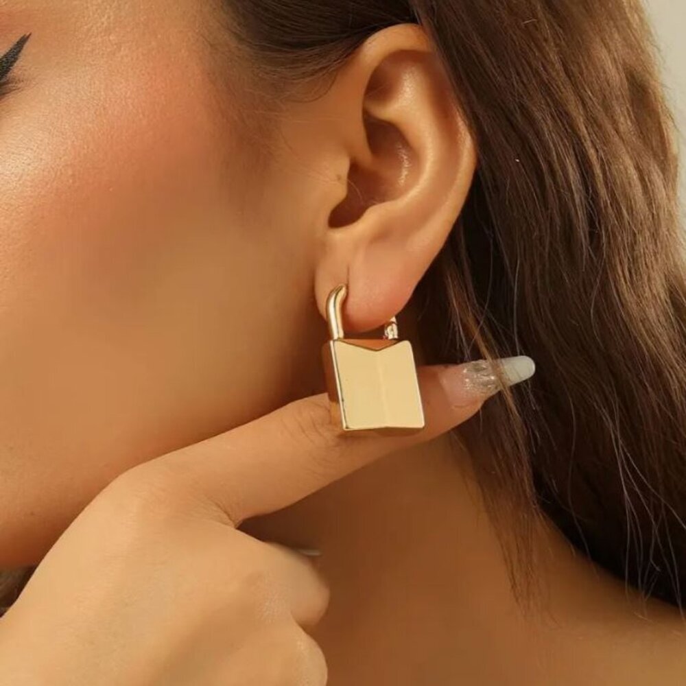 NEW Gold Lock Earrings Funky Statement Unique Pierced